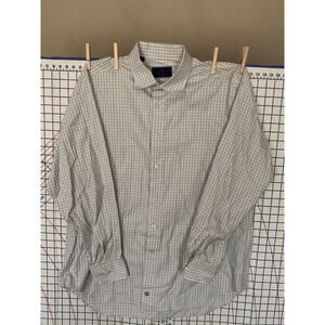 David Donahue Mens Dress Shirt 17 34/35 Trim Button Long Sleeve White Gray Plaid